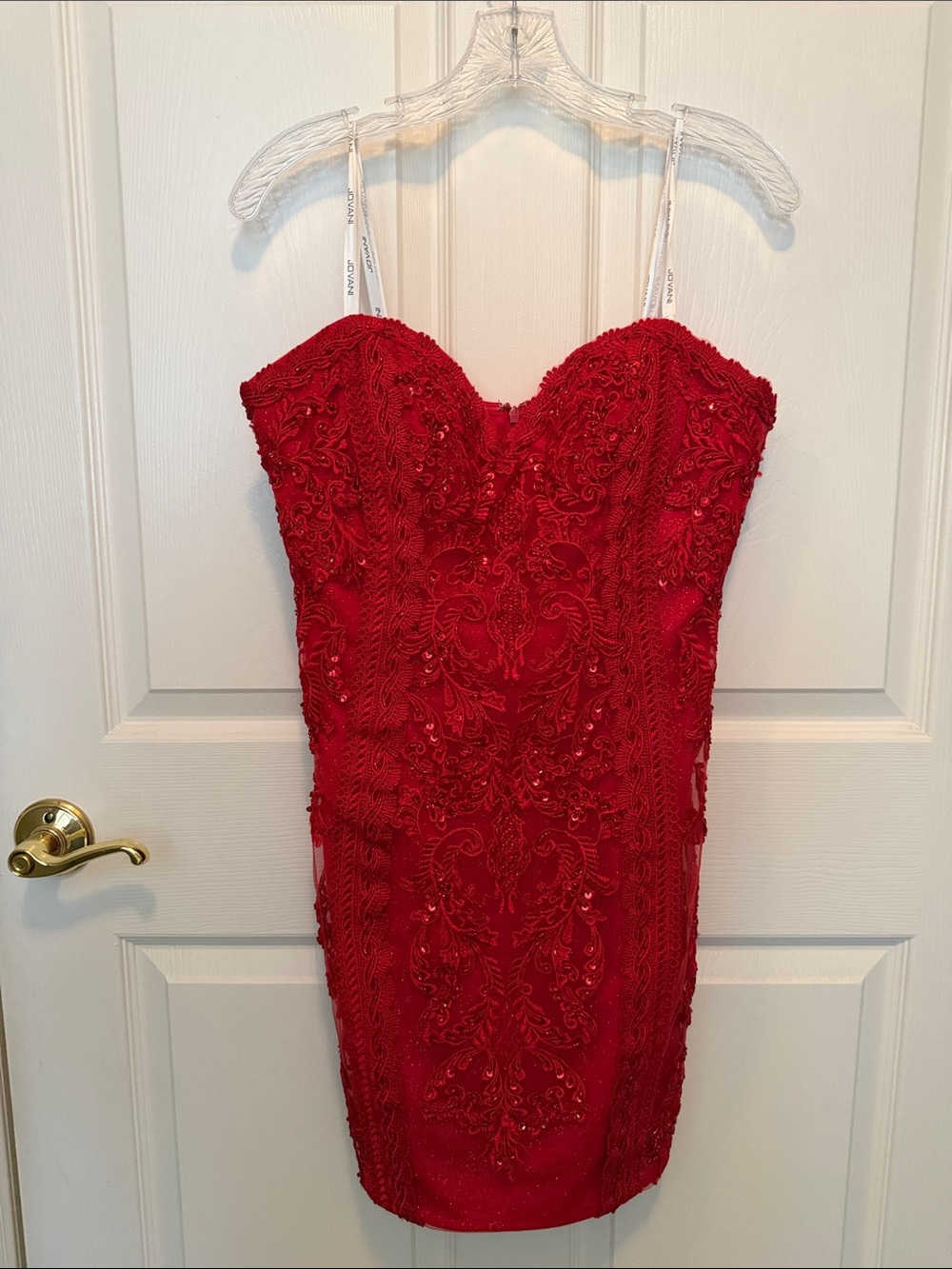 JVN Red Strapless Beaded Cocktail Dress